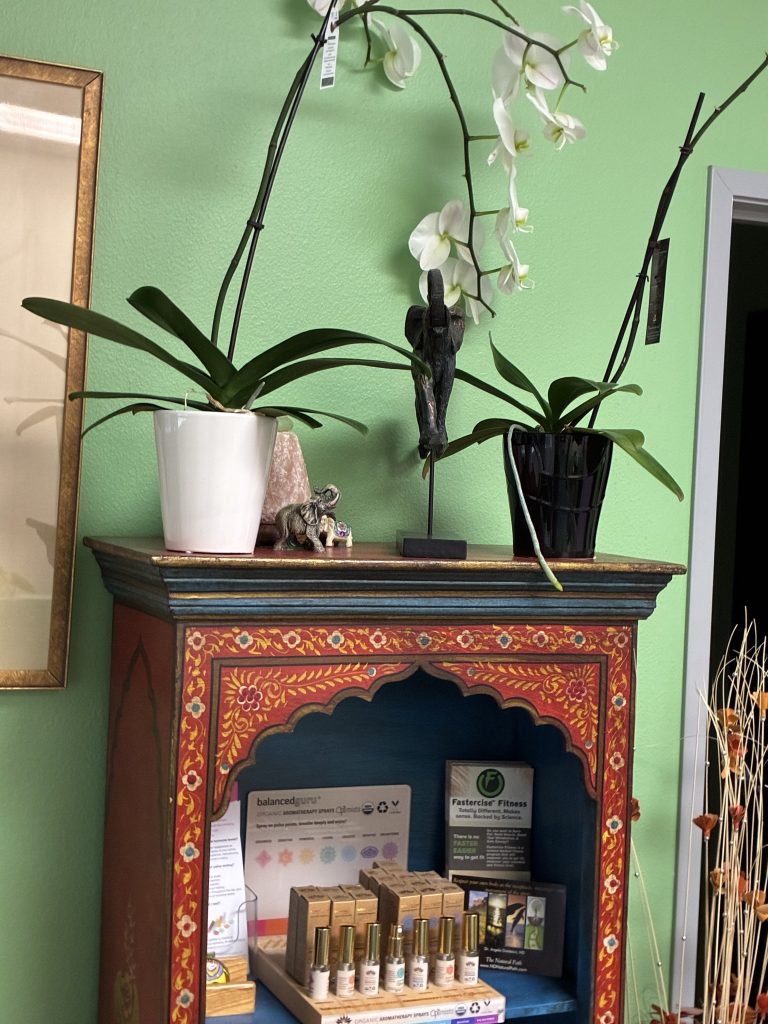 Quiet waiting corner with orchids at The Natural Path office in San Juan Capistrano