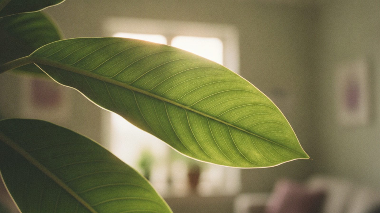 Close view of overlapping green leaves with warm sunlight through them