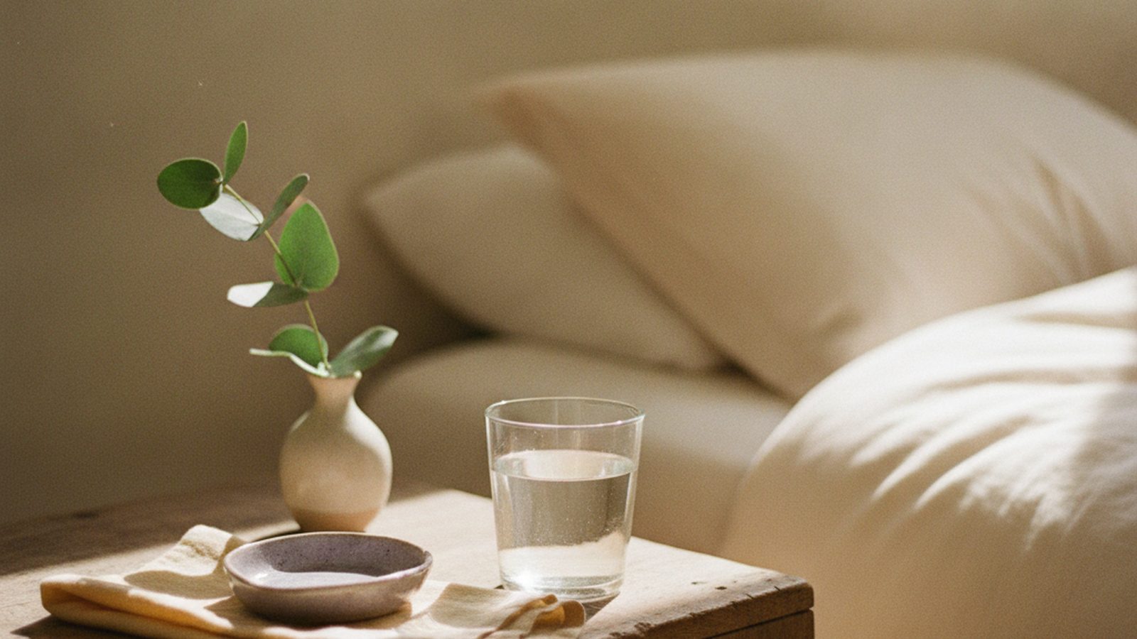 Soft morning light across a bedside table with a water glass and small dish
