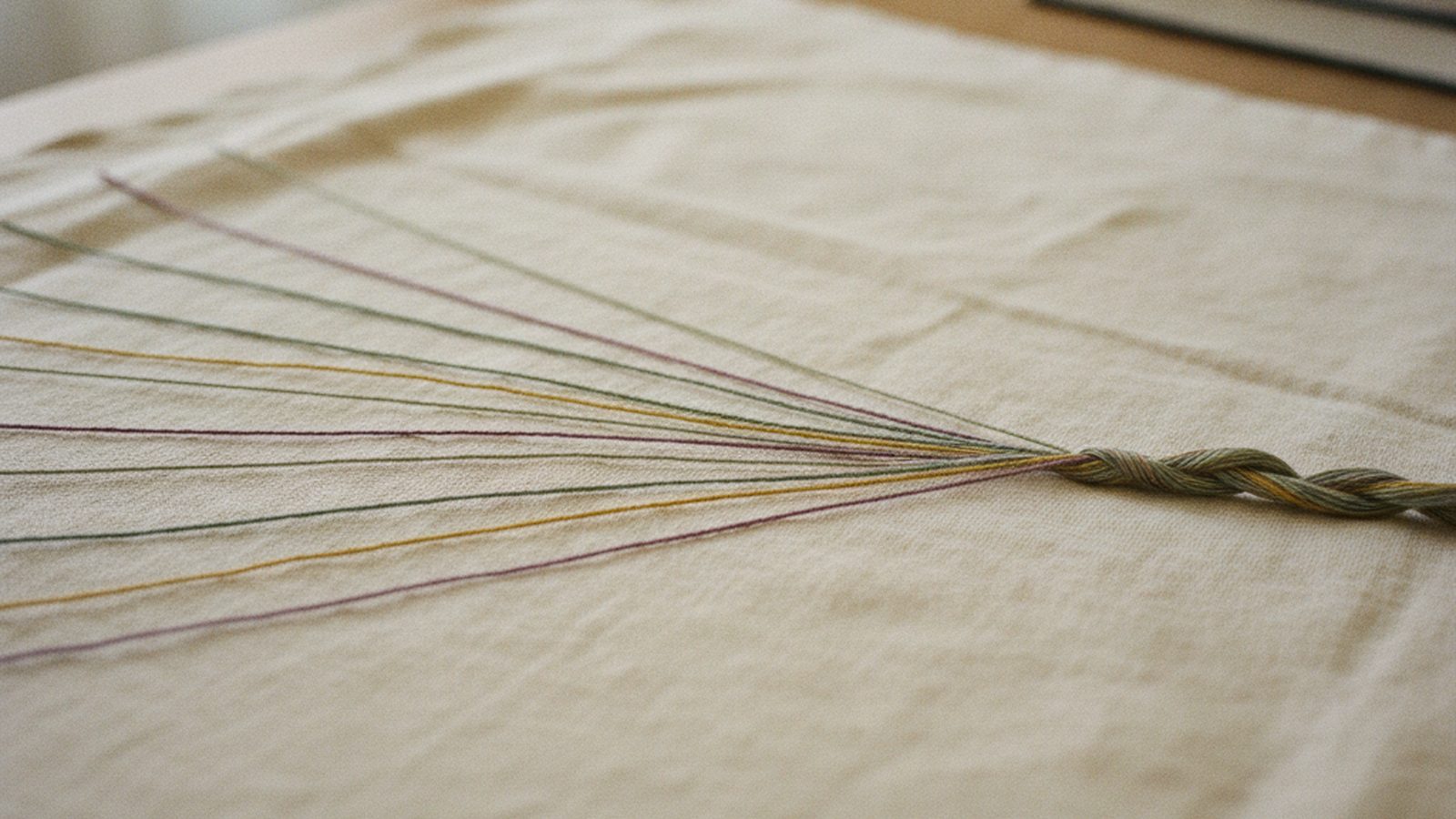 Many small threads converging into one on a warm neutral surface