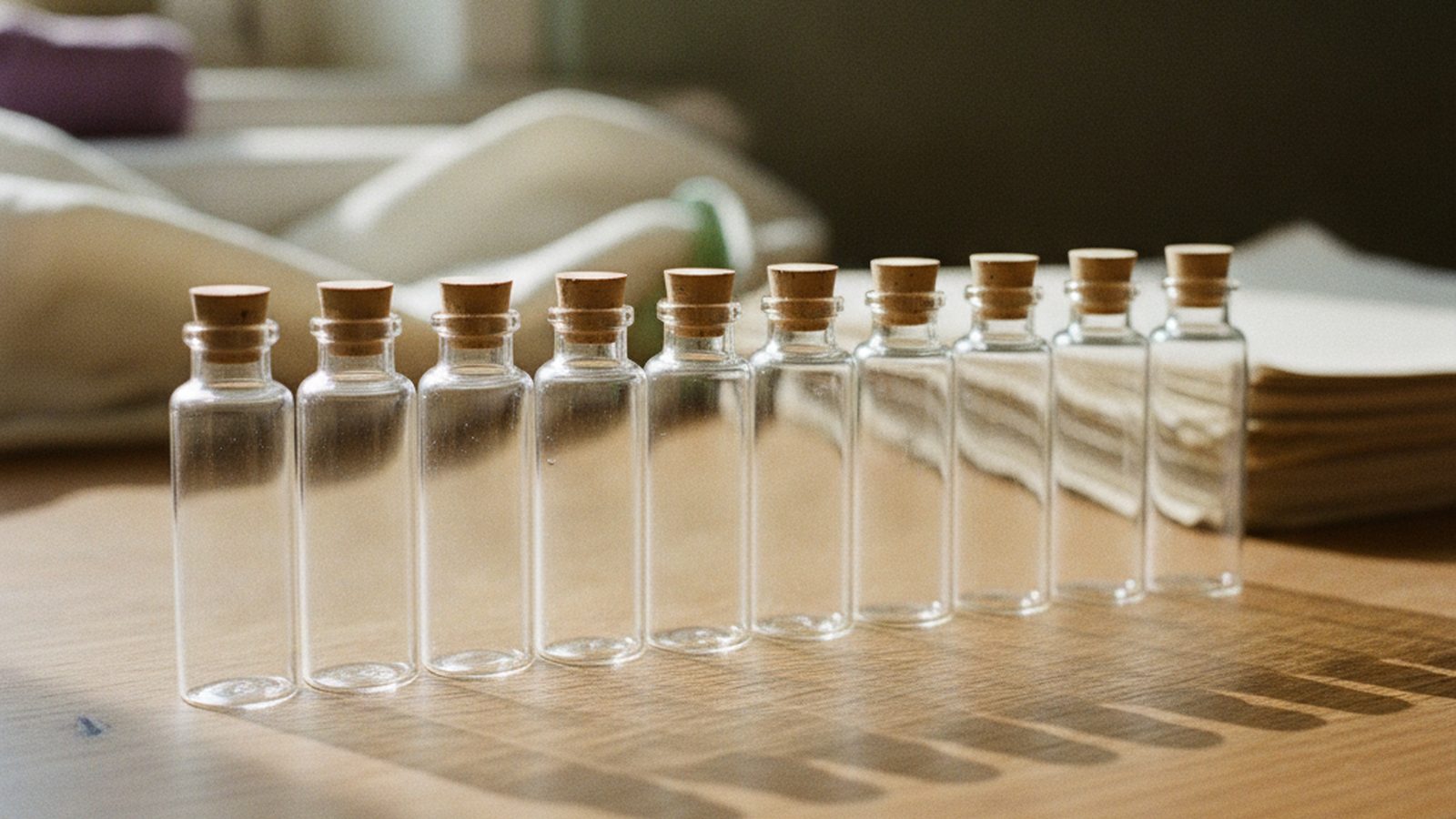 Rows of clean empty glass vials on a warm wooden surface in daylight