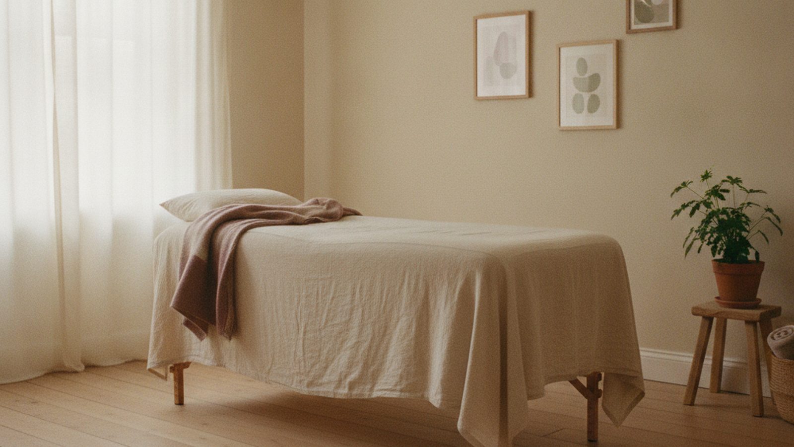 Warm treatment room with a folded blanket and soft natural light on linen