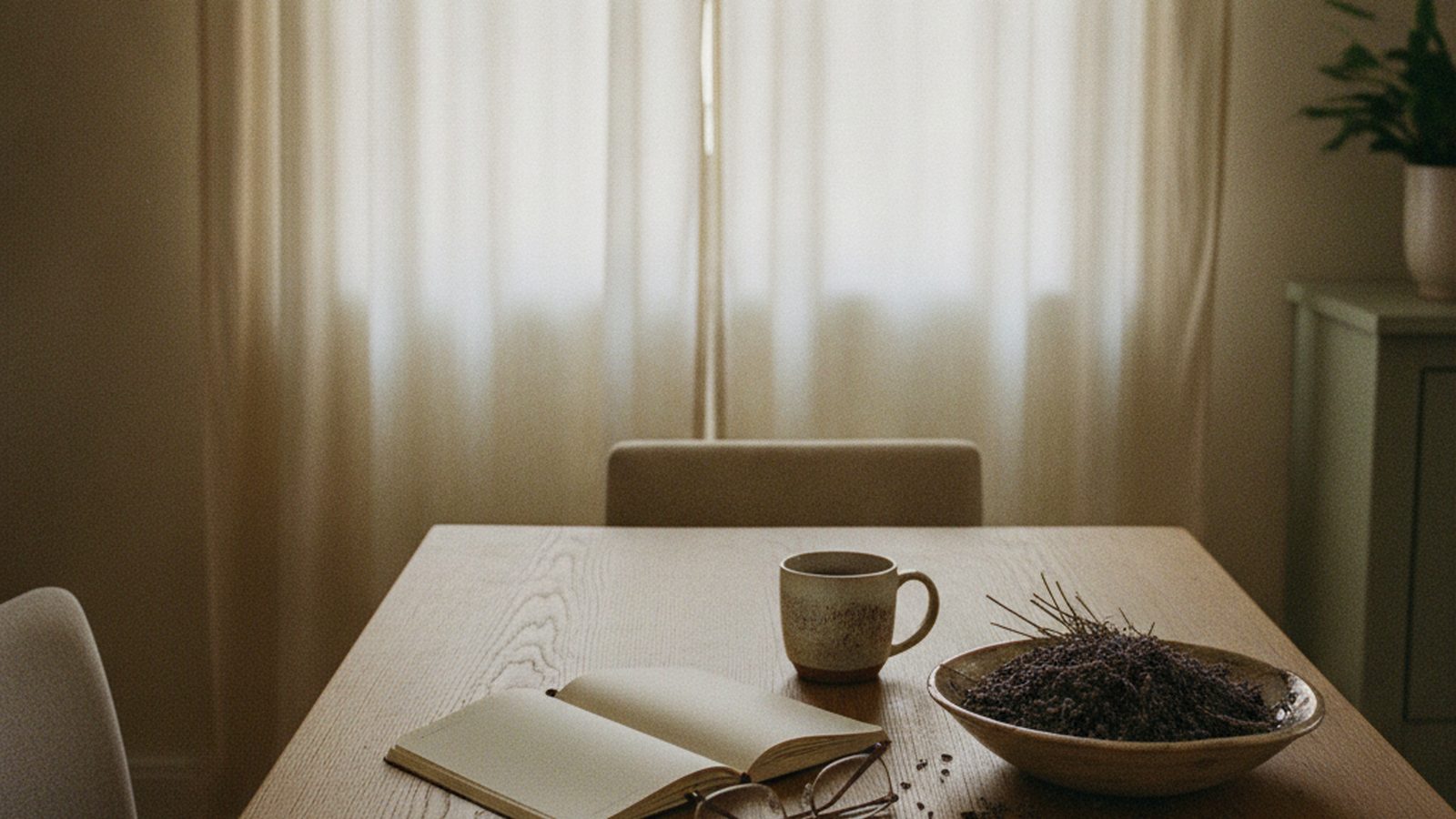 Sunlit consultation room with an open notebook and reading glasses on a wooden table