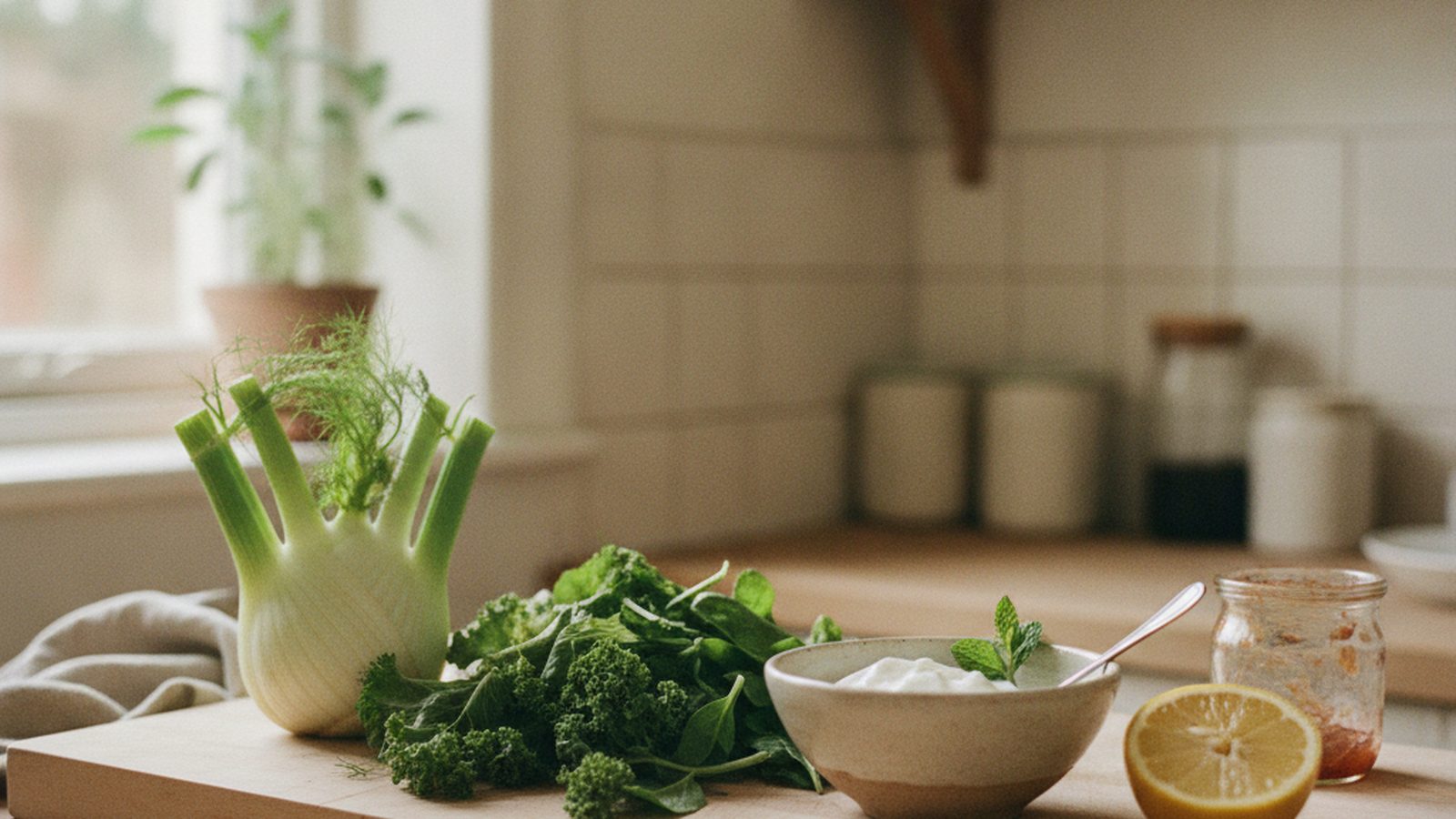 Wooden board with fresh whole vegetables and herbs in warm daylight