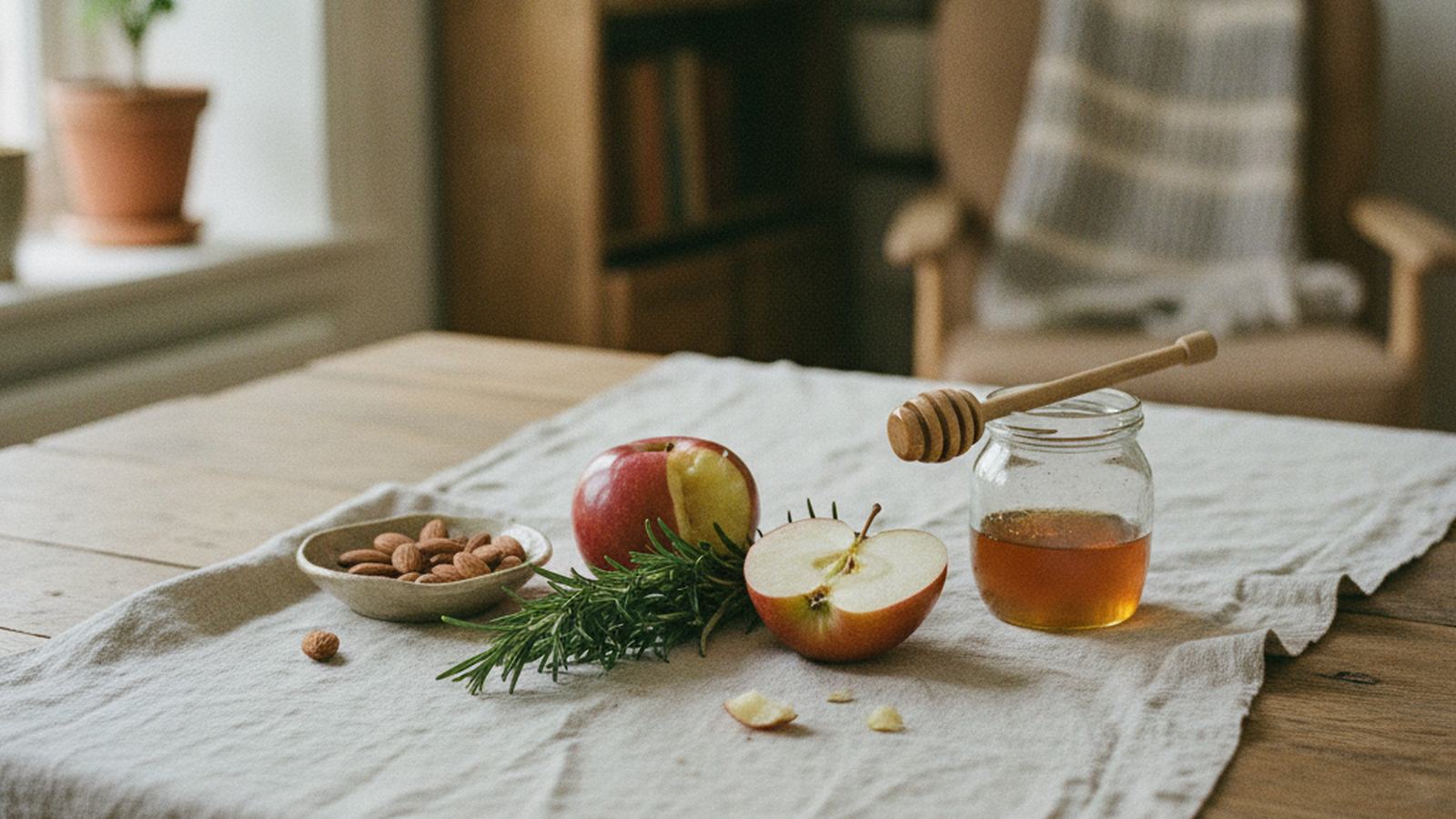 Simple whole foods arranged on a pale linen cloth in soft daylight