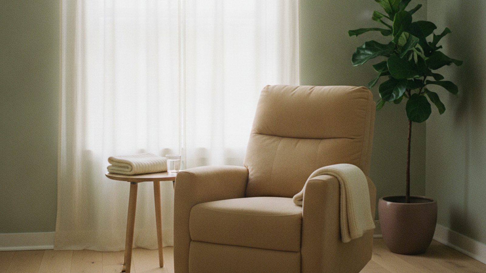 Private infusion room with a comfortable recliner and warm window light