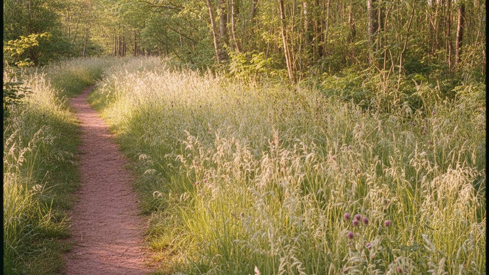 Sunlit woodland trail edge with tall grass and dappled morning light