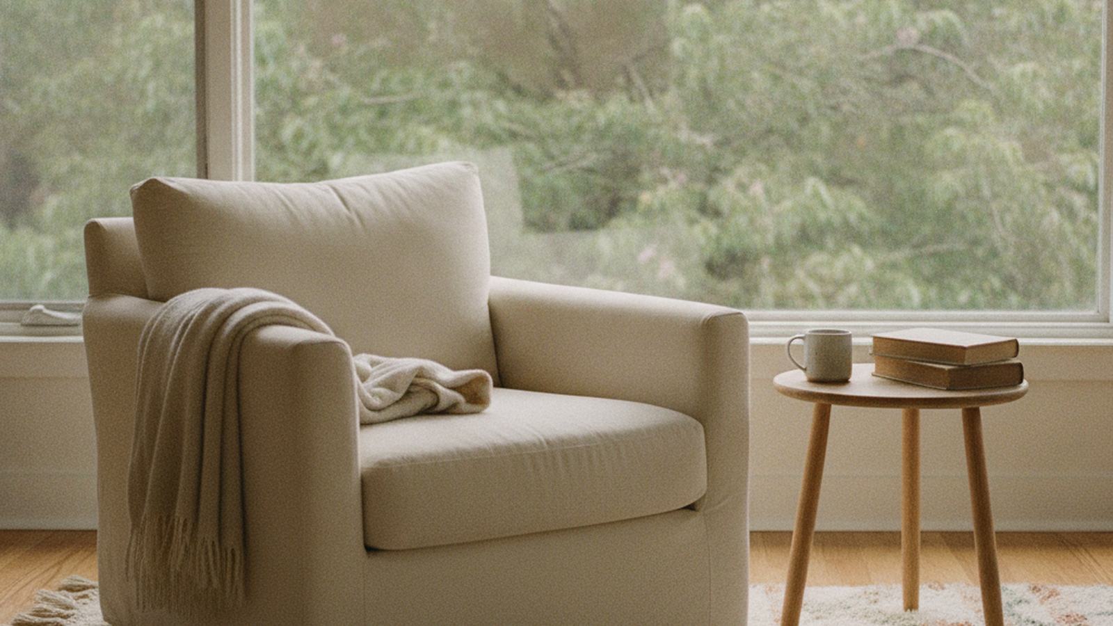 Quiet sunlit corner with an armchair and a window looking onto greenery