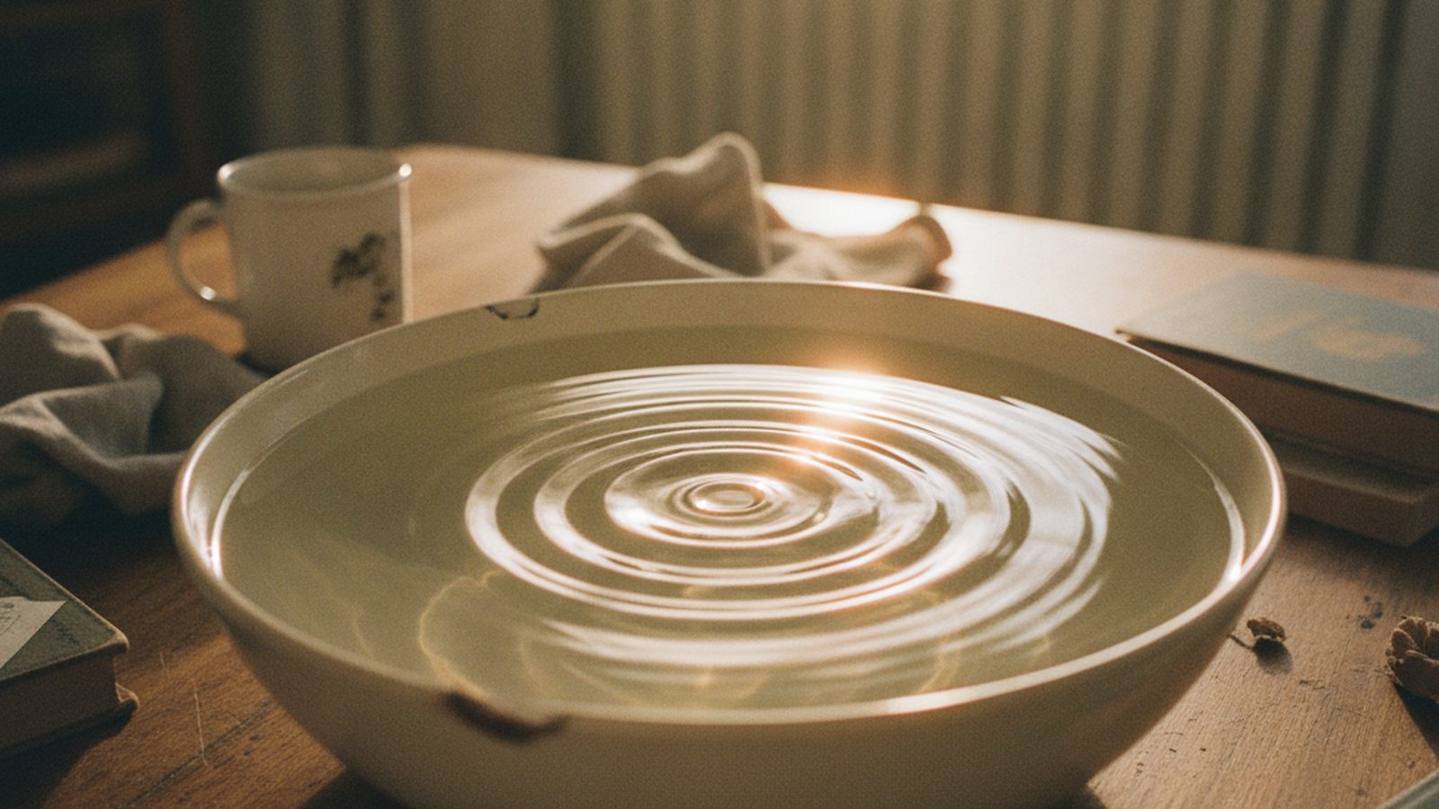 Concentric ripples spreading across still sunlit water