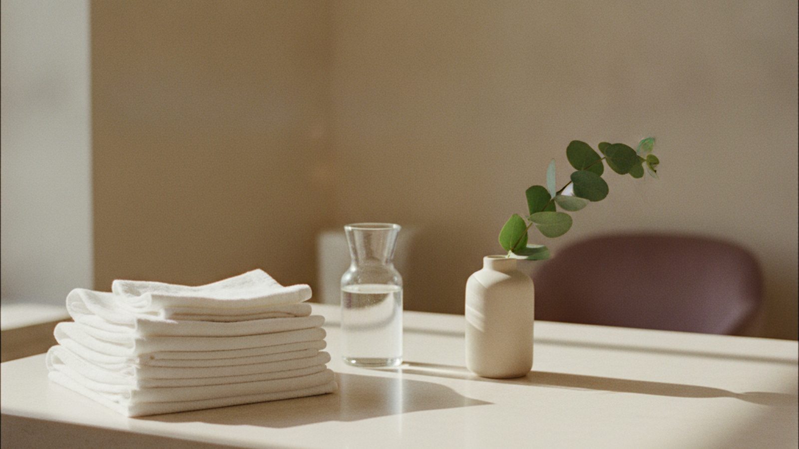 Clean clinical countertop with folded linens and soft directional daylight