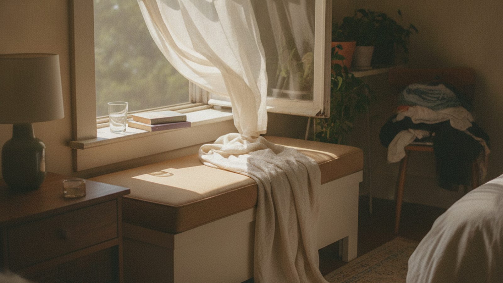Sunlit bedroom window seat with a linen throw, water glass and closed books