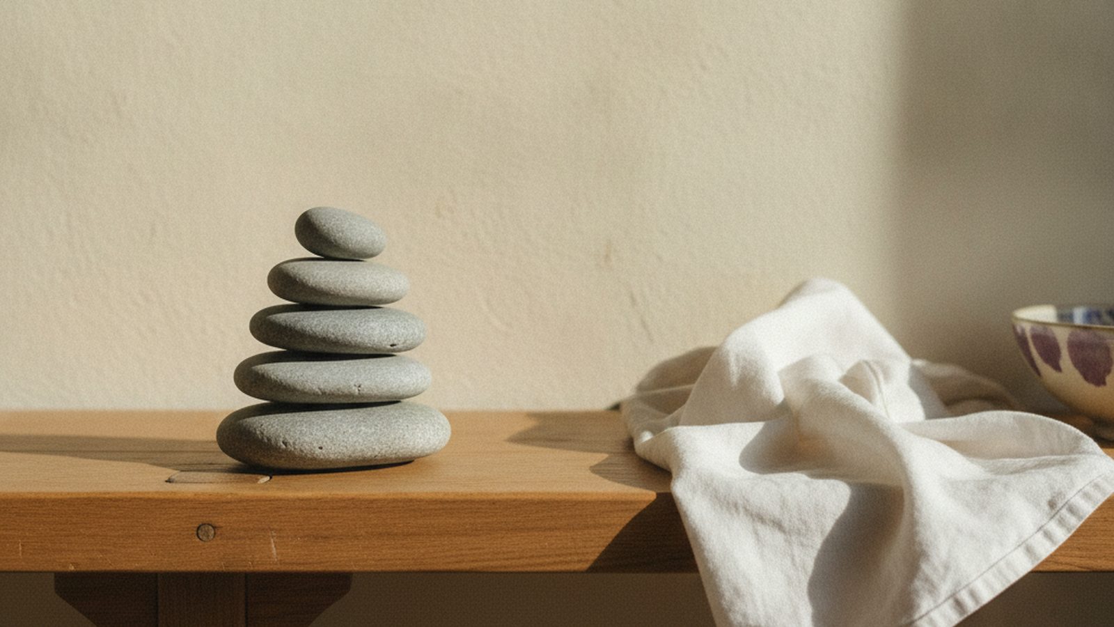 Smooth stacked river stones on warm wood in bright directional daylight