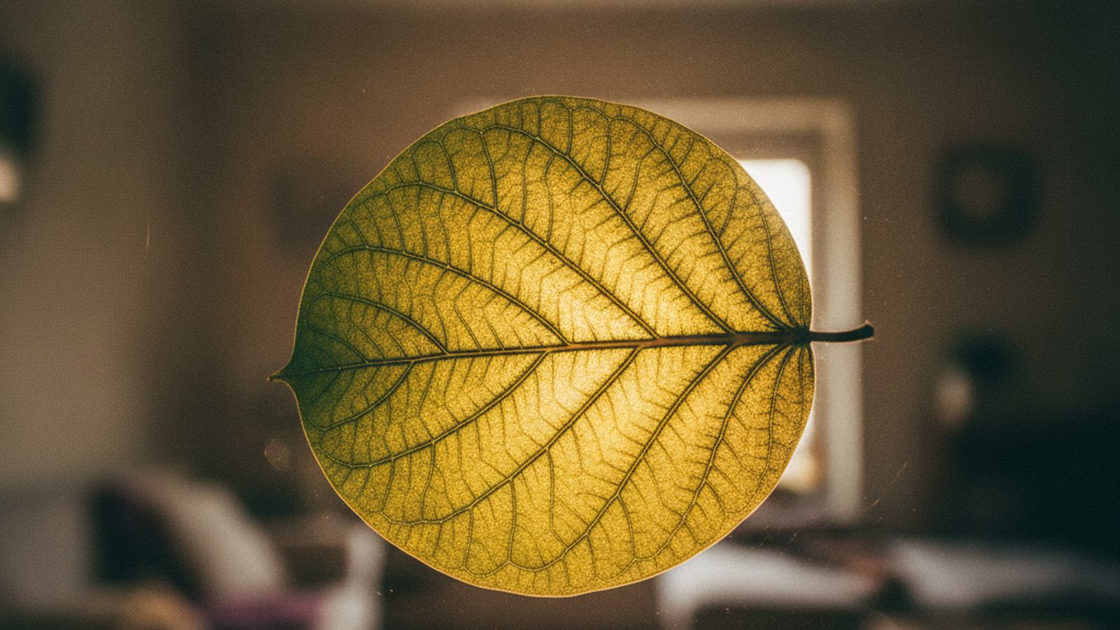 Backlit translucent leaf showing its full vein network glowing in sunlight