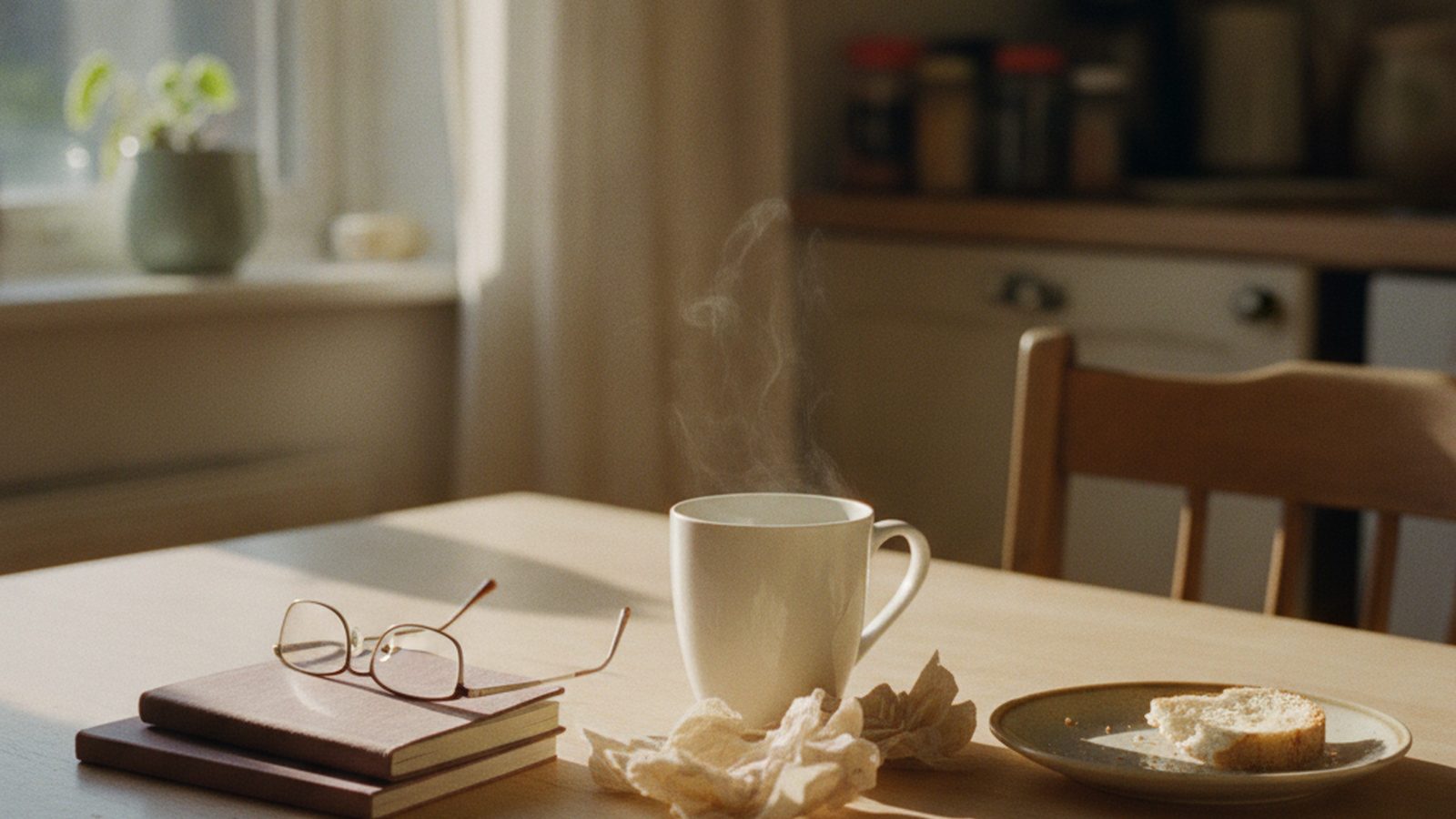 Warm morning kitchen table with a mug, folded reading glasses and soft daylight