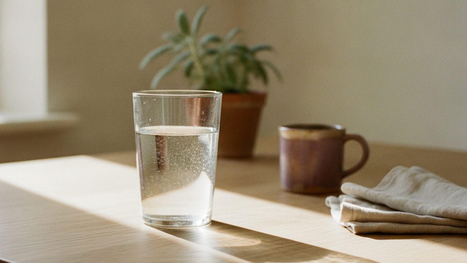 Sunlight refracting through a glass of water casting warm light onto pale wood