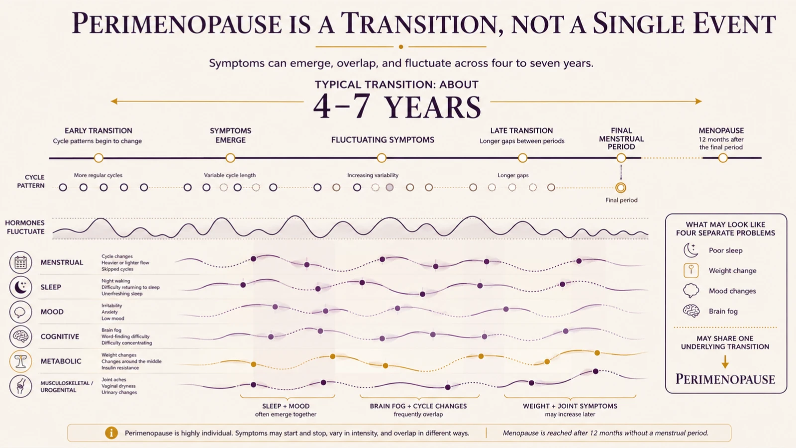 Timeline illustration showing perimenopause symptoms emerging across four to seven years