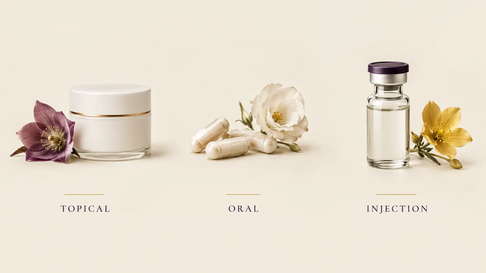 Bioidentical hormone delivery forms shown side by side: a topical cream, oral capsules and an injection vial