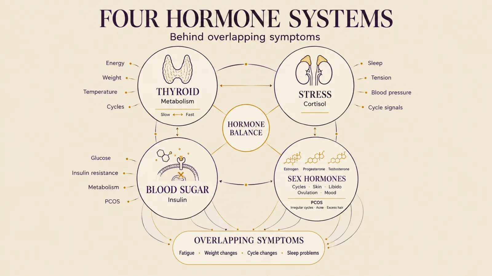 Diagram of the four hormone systems behind hormone imbalance symptoms in women: thyroid, stress, sex and blood-sugar hormones