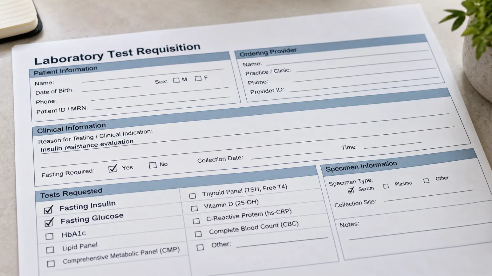 Lab requisition showing fasting insulin and fasting glucose ordered together for an insulin resistance test