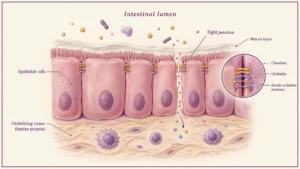 Cross section of the intestinal lining showing tight junctions between cells, the structure behind leaky gut symptoms