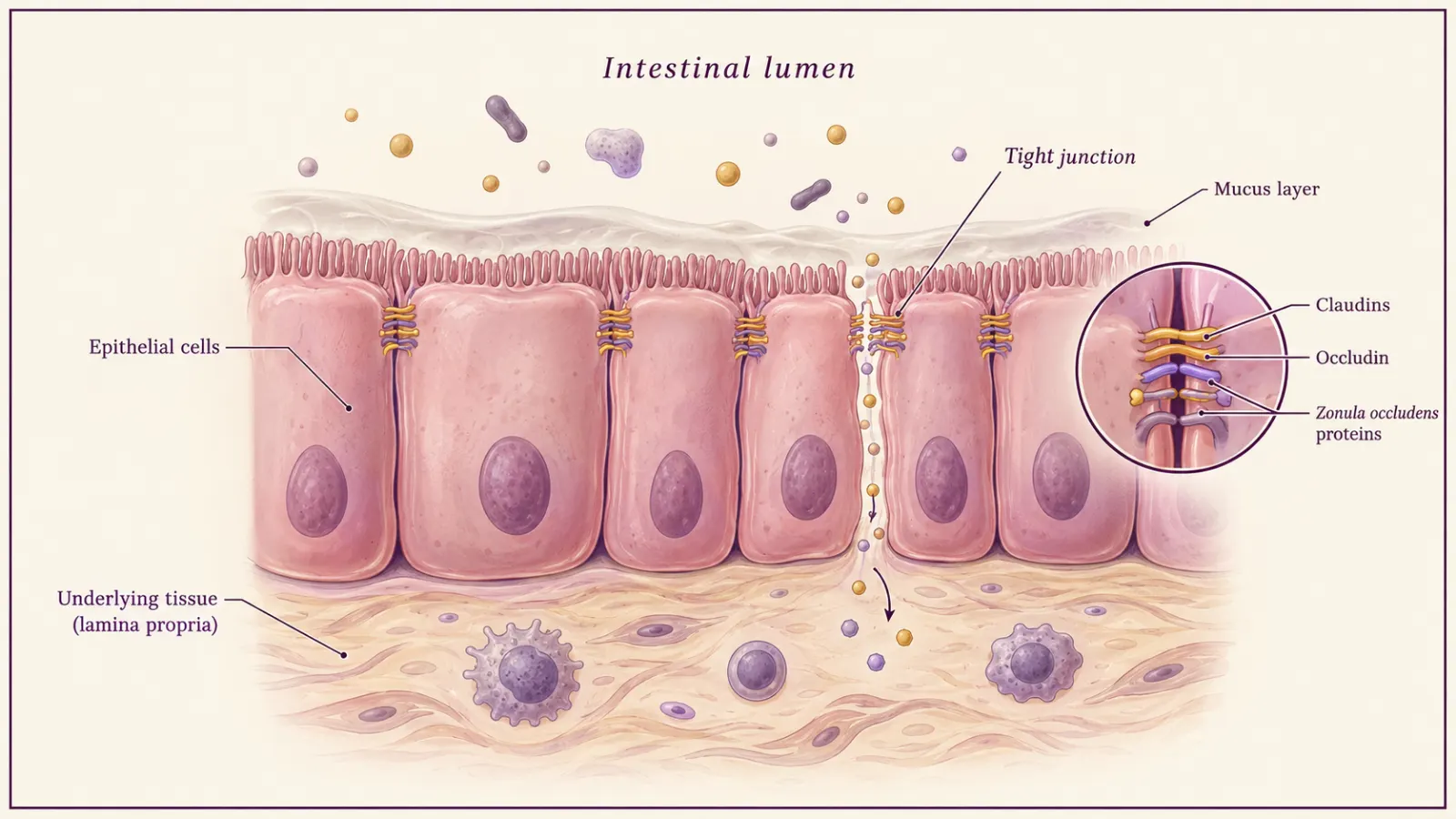 Cross section of the intestinal lining showing tight junctions between cells, the structure behind leaky gut symptoms