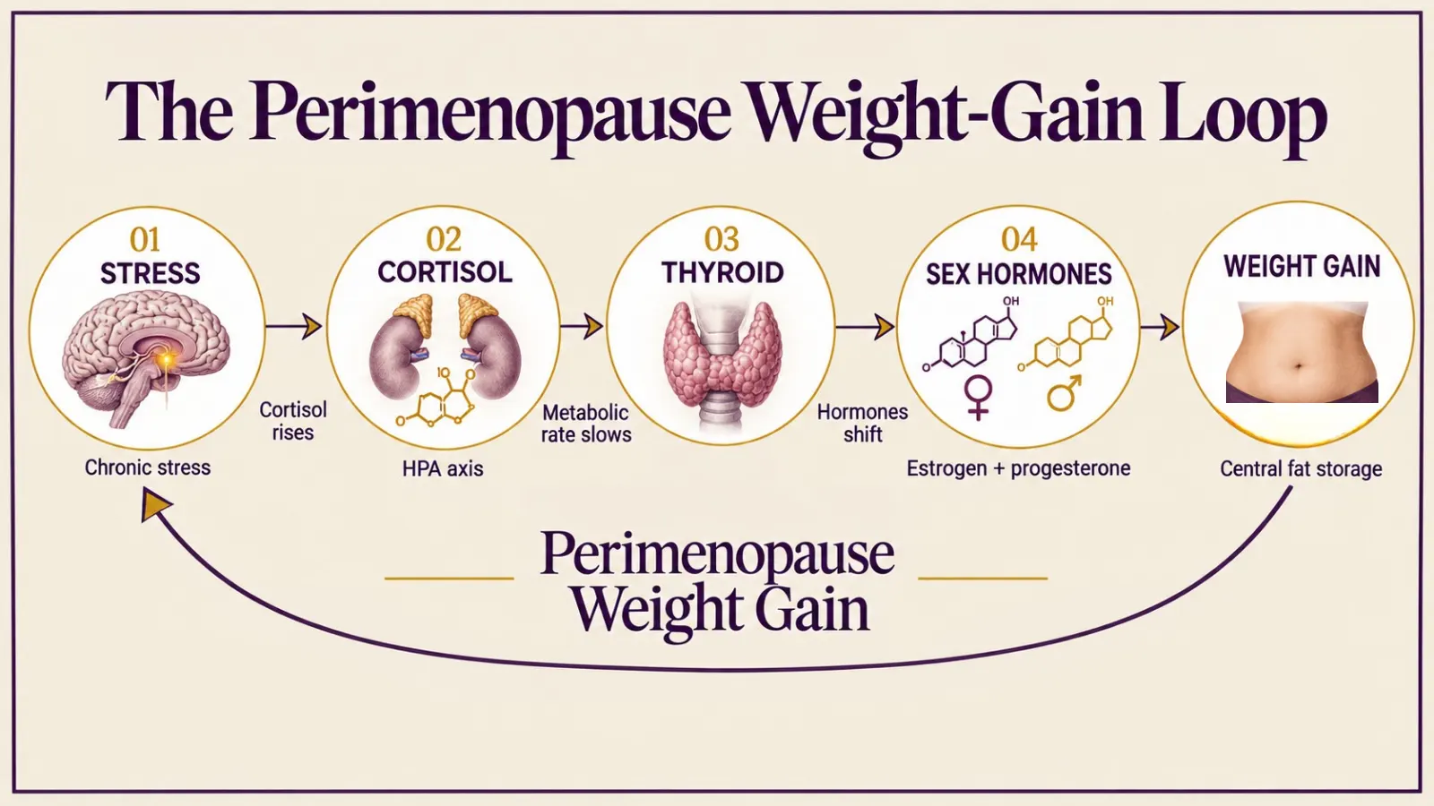 Diagram of the perimenopause weight gain loop linking stress, cortisol, thyroid and estrogen