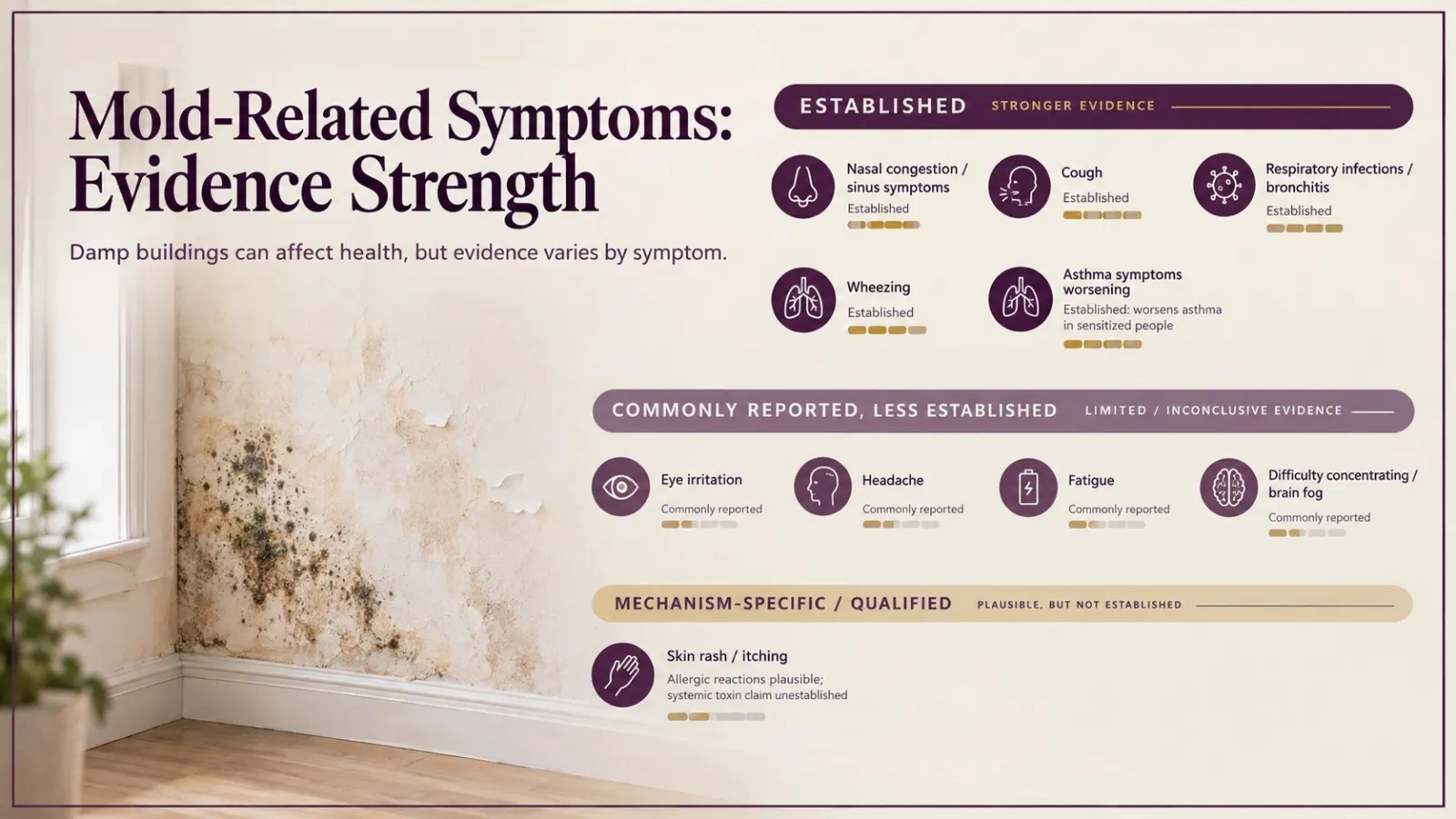 Illustration of a damp indoor wall with symptom categories mapped by strength of evidence