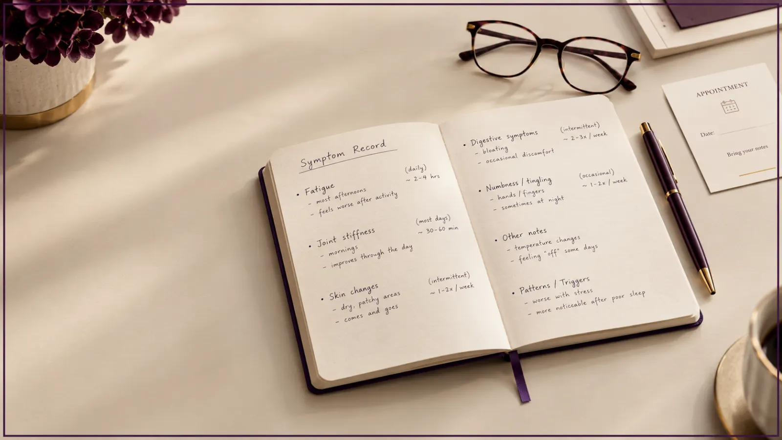 A written symptom record being prepared for a medical appointment about possible early autoimmune symptoms