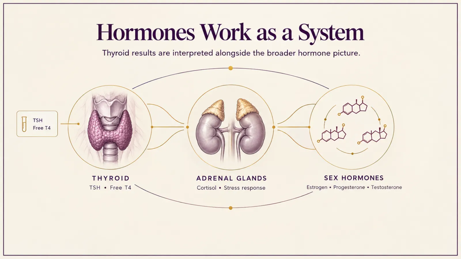 Illustration connecting the thyroid, adrenal glands and sex hormones, showing why thyroid lab results are read alongside other hormone systems
