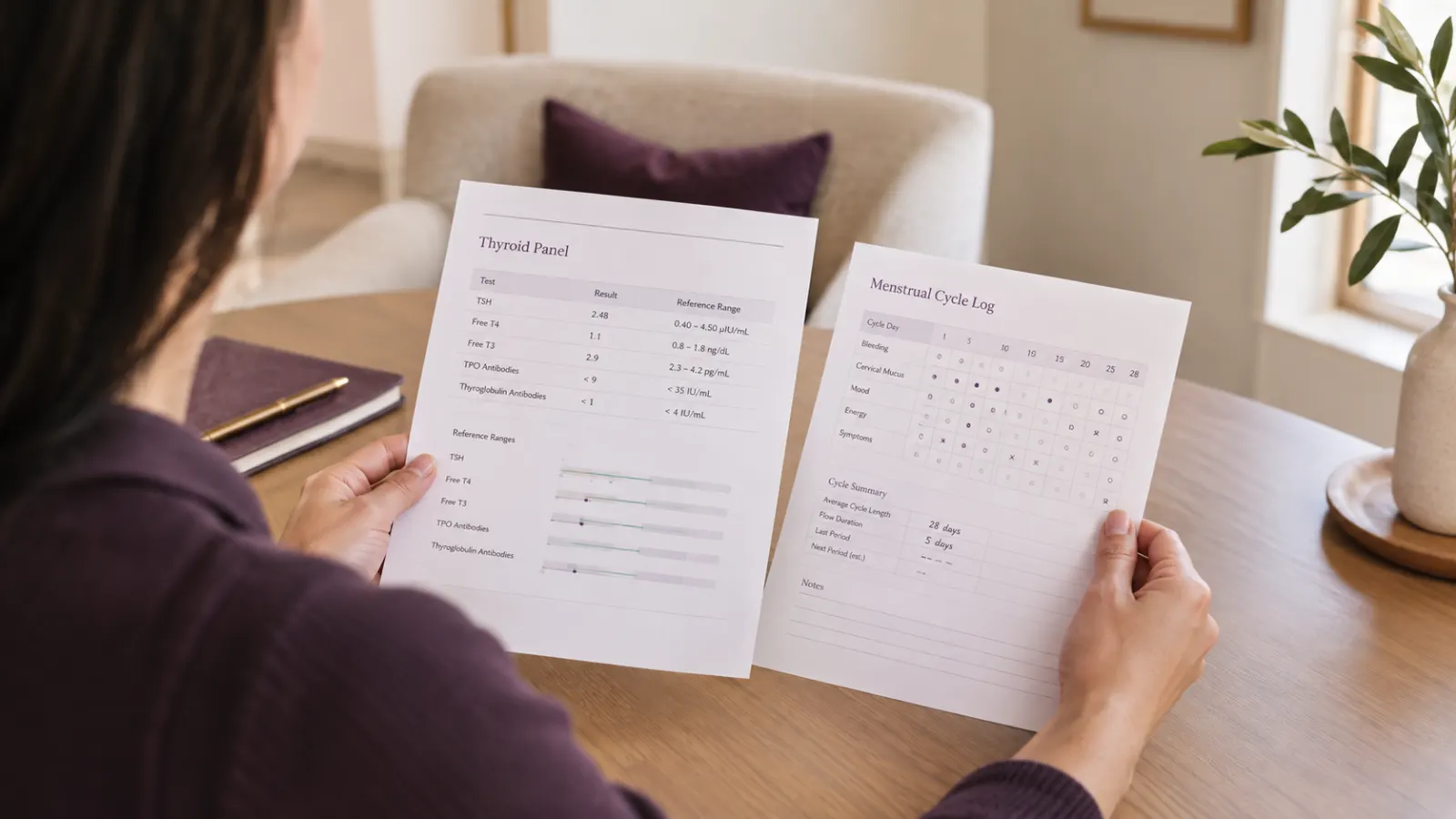 Clinician reviewing a thyroid panel and a cycle log together to separate thyroid dysfunction from perimenopause