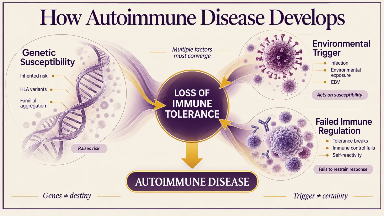 Diagram showing what causes autoimmune disease: genetic susceptibility, an environmental trigger and failed immune regulation converging