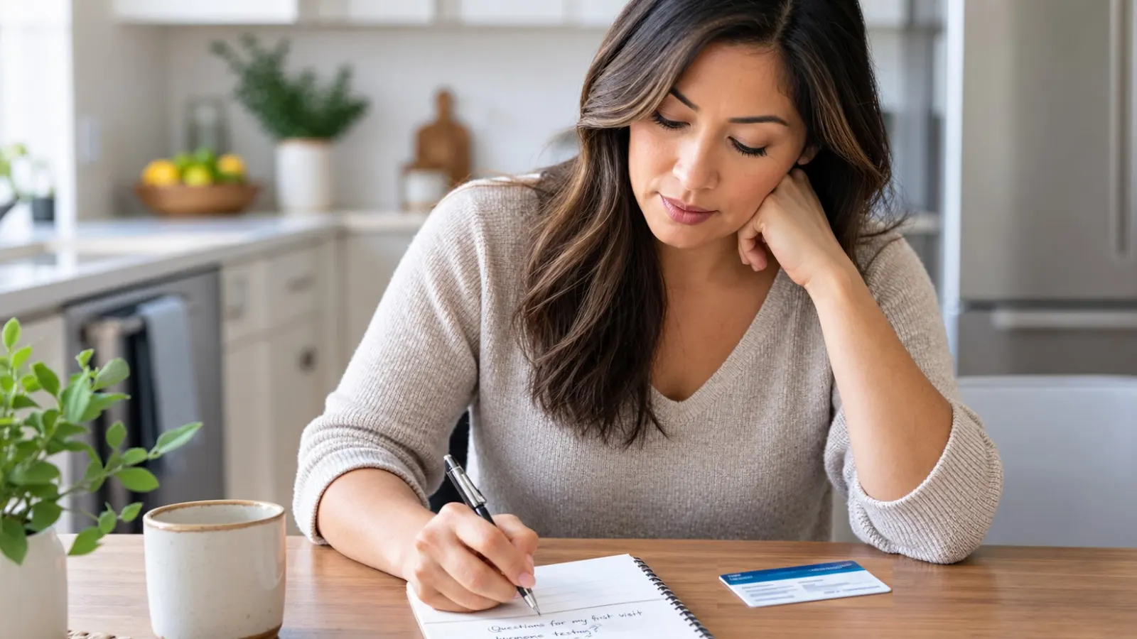 Woman at a kitchen table with an insurance card and a notepad, writing down questions before booking a first functional medicine visit