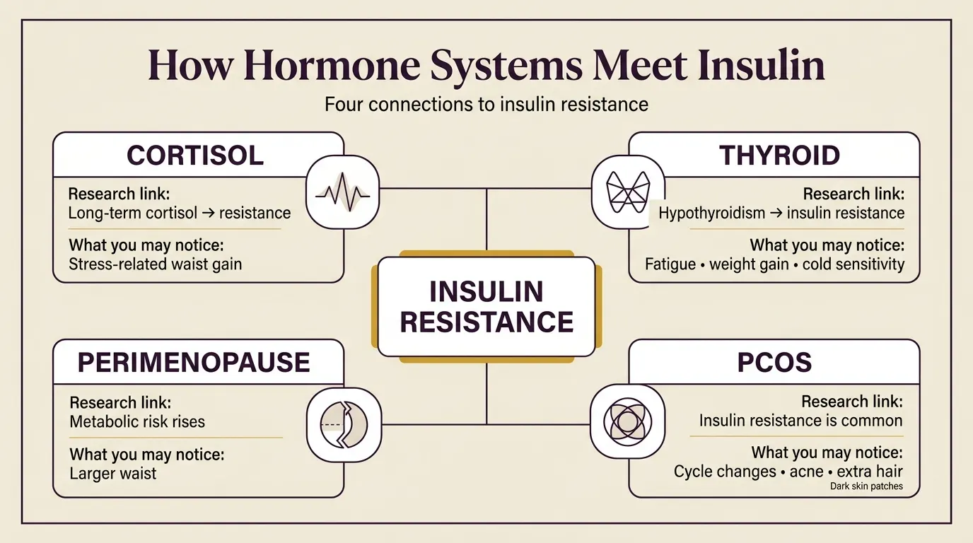 Diagram summarizing how cortisol, thyroid, perimenopause and PCOS each connect to insulin resistance in women