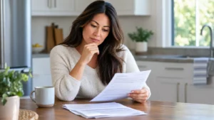 Woman at a kitchen table reviewing a stack of normal lab reports while deciding whether to try a different approach to her health