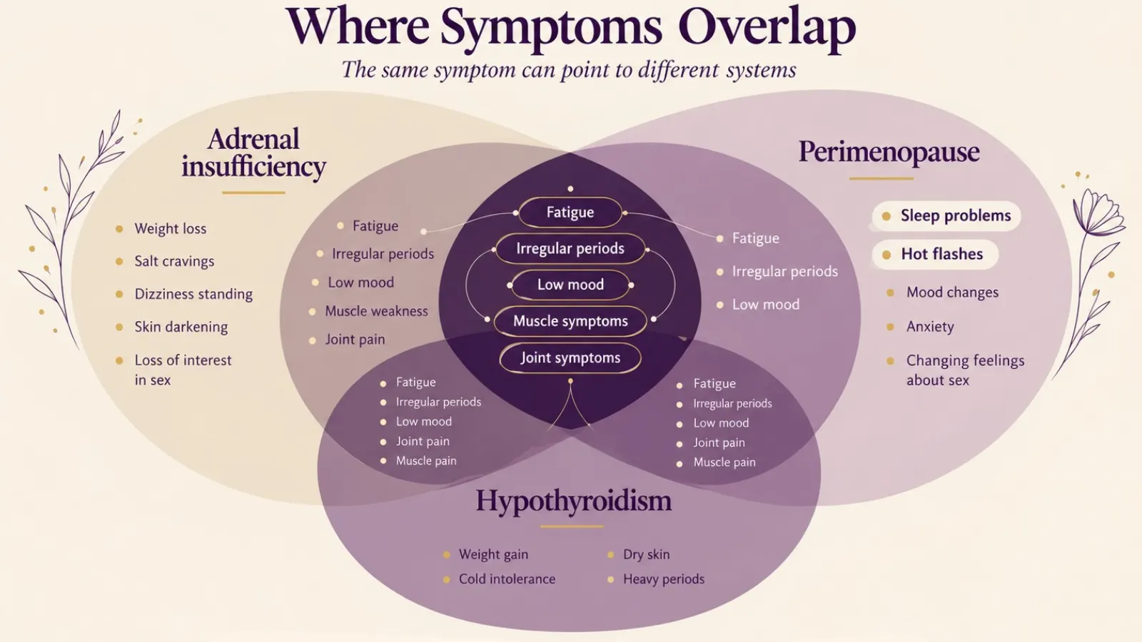 Chart showing which symptoms adrenal insufficiency, an underactive thyroid and perimenopause each list